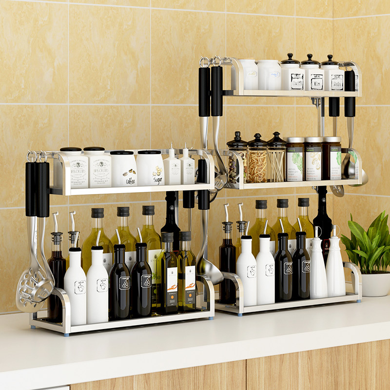 Stainless steel kitchen rack seasoning tank rack floor-to-ceiling free punching space-saving small ingenious seasoning supplies storage layer shelf