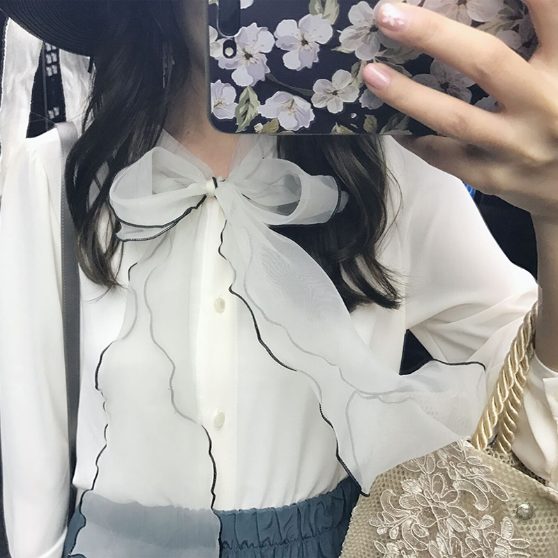 Original autumn and winter OL Korean version of white fairy air organza big bow long sleeve chiffon shirt inner shirt top female