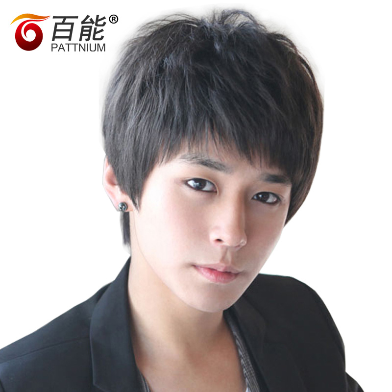 Korean version of realistic men's wig Real hair full hand-woven handsome male student short straight hair Real hair needle delivery wig set