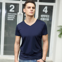 Ice silk short sleeve T-shirt mens scratch-free quick-drying thin solid color milk silk slip loose V-neck white half-sleeve summer