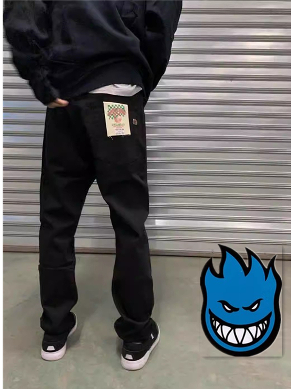 Little Fire Man Classic Retro Straight-Leg Stretch Jeans Skateboard Pants Pure Black Youthful Trendy Washed New High-Stretch