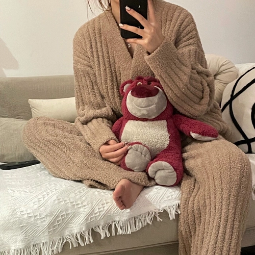 Коралловый лонгслив, бархатная зимняя пижама, штаны, комплект, 2024 года, увеличенная толщина