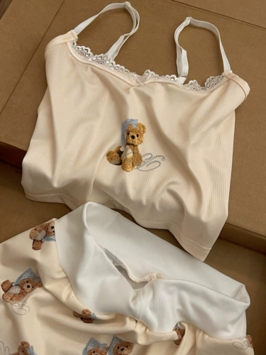 Летняя пижама, приталенная майка, шорты, комплект, с медвежатами, эффект подтяжки