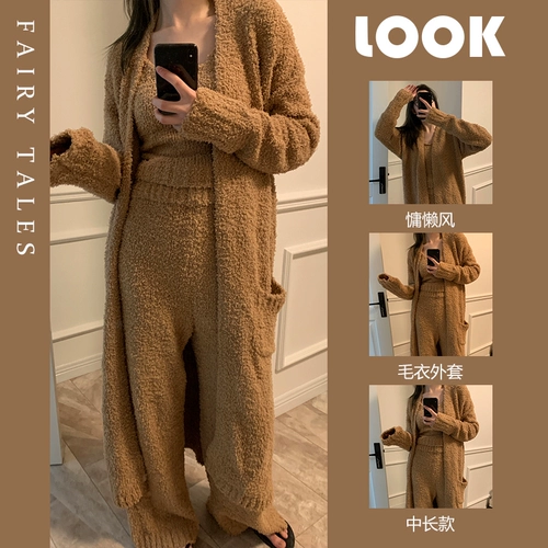 Зимняя трикотажная пижама, бархатный длинный банный халат, жилет, штаны, комплект, увеличенная толщина, 3 предмета