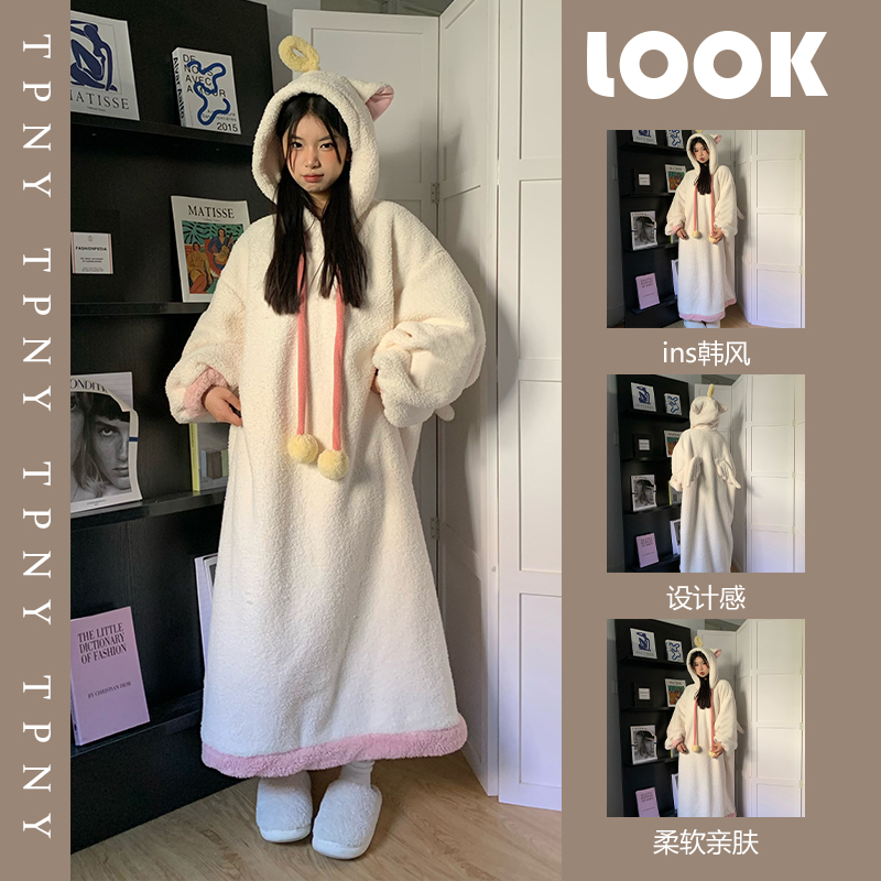 Teenage girl cute even cap coral suede pyjamas woman autumn winter style 2023 new thickened plush sleeping robe home Sleeping Dress-Taobao