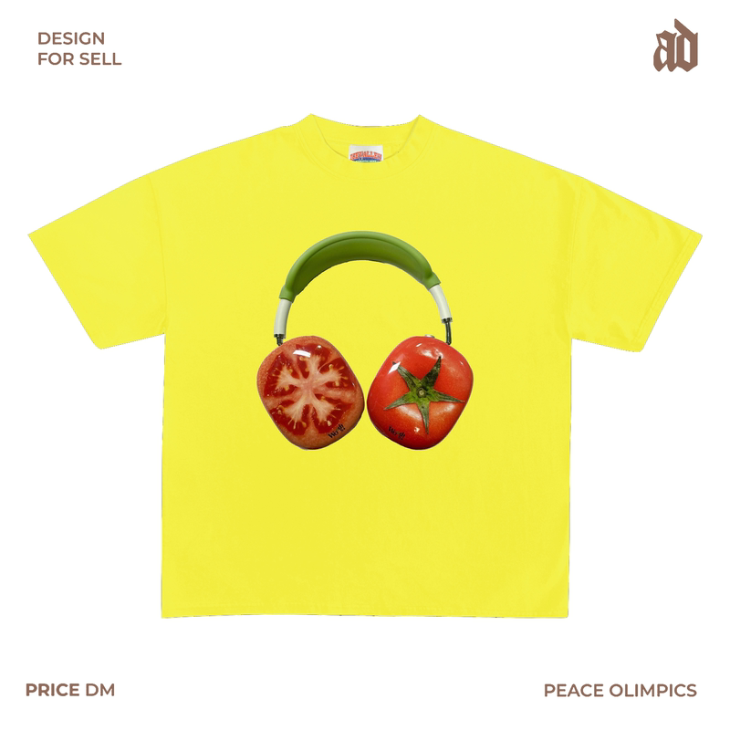 230g Lightweight Regular Shoulder Fit Tomato Earphone Print T-Shirt with Creative Fruit and Vegetable Pattern in Eye-Catching Yellow, Quirky Style