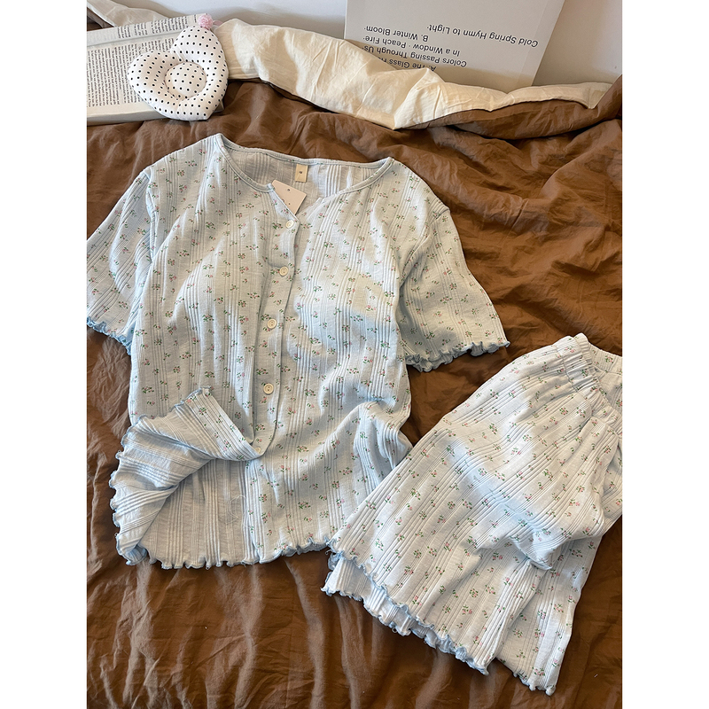 Summer New Style Short-Sleeved Pajamas with Chest Pads for Women, Can Be Worn Outside, Home Wear, Summer Gentle Blue Set 2026