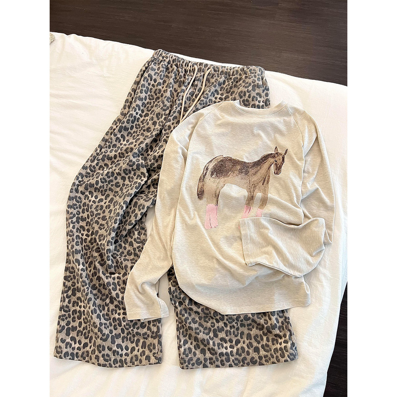 Korean Style Casual Pony Print Long-Sleeved Pajamas for Women, Autumn Leopard Print Long Pants Loungewear Set Suitable for Wearing Outside