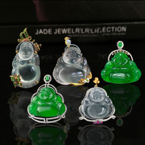 Myanmar Jewels Natural A Cargo Ice Seed Oil Green Emerald Jade Buddha Pendant Laughing Buddha Mallever Women Custom Studded 18K Gold