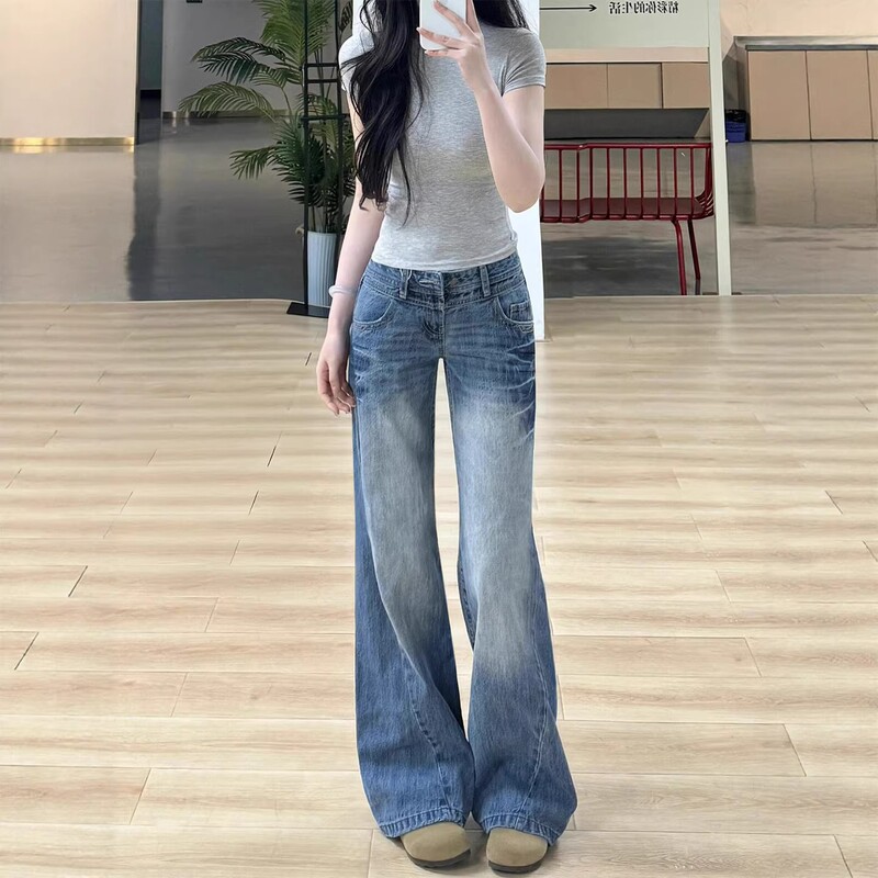 Straight-Leg Jeans for Women, New Summer Design, Flattering for Plus-Size Figures, Hip-Covering, Slimming, High-Waisted, American Retro Blue Wide-Leg Pants