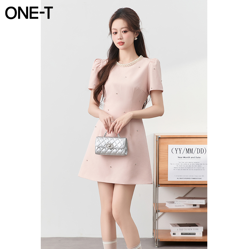 Pink Chanel-Style Dress for Women, Summer 2025 New Model, Heavy Beading and Rhinestone Embellishments, Puff Sleeves, Slimming Short Dress