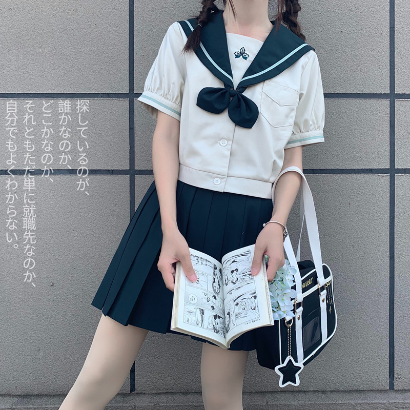 Xiaojin original Xingchuan JK uniform summer college style Japanese suit Dark green pleated skirt Sailor suit women's short sleeves