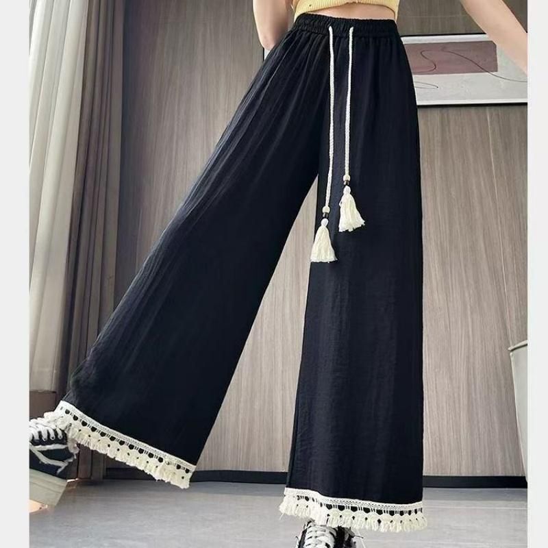 New Spliced Wide-Leg Tassel Pants for Women 2026 Yamamoto Petite Summer Thin High-End Straight-Leg Cropped Pants
