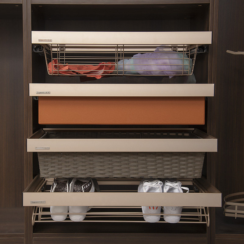 Cloakroom la-blue wardrobe storage rattan basket damping push-pull storage drawer type leather metal clothing basket multifunctional