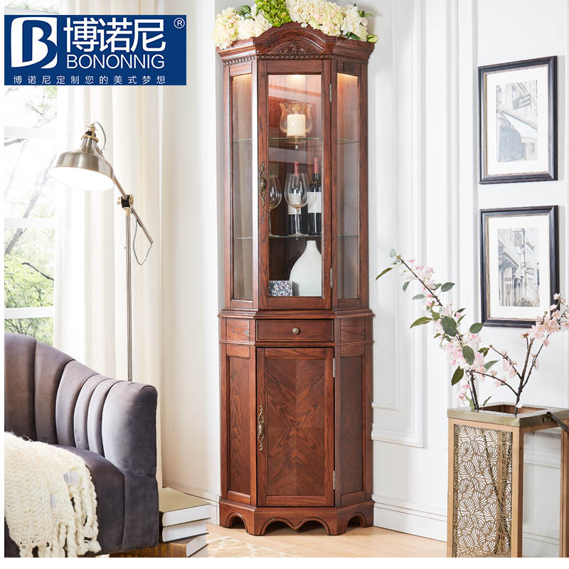 Bononi American ash wood corner cabinet Wine cabinet with light corner cabinet Glass cabinet Living room locker corner cabinet Solid wood