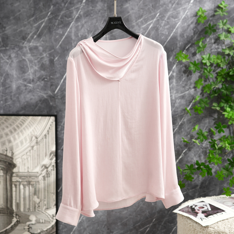 Light and Elegant Office Look! Twill Tencel Wool! Gentle Pink Long-Sleeved Shirt Top with Ribbons Light and Elegant Office Look! Twill Tencel Wool! Gentle Pink Long-Sleeved Shirt Top with Ribbons