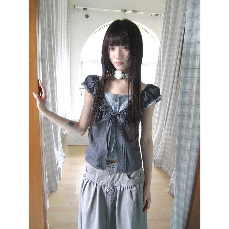 Ang:Project Korean Style Fake Two-Piece Contrasting Floral Lace Tie Puff Sleeve Short-Sleeve Shirt Top for Women