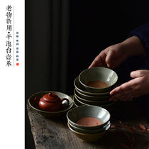Jiangnan porcelain painting old objects old bowl wood kiln dry brewing table tea pot tea tray supporting quaint grass Wood gray glaze