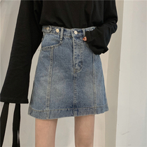 New slim puppet reverse skirt single-breasted high waist A- shaped female umbrella skirt hip skirt cross-dressing denim skirt