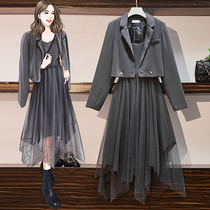 Large size 200 jin autumn reverse string womens two-piece false mother full coat net gauze skirt fried street suit