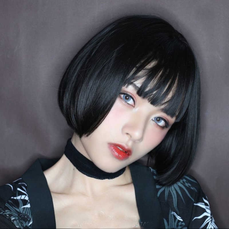 New Korean net fake maiden grandma grey wig Head Pibobo short hair changing clothes air Liuhai whole top wig sleeve