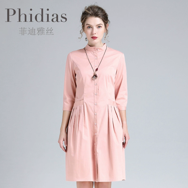 Phidias mùa xuân mới của phụ nữ váy đơn giản, tươi và thuần khiết màu hồng tay áo ba phần tư một bên ngực - váy đầm