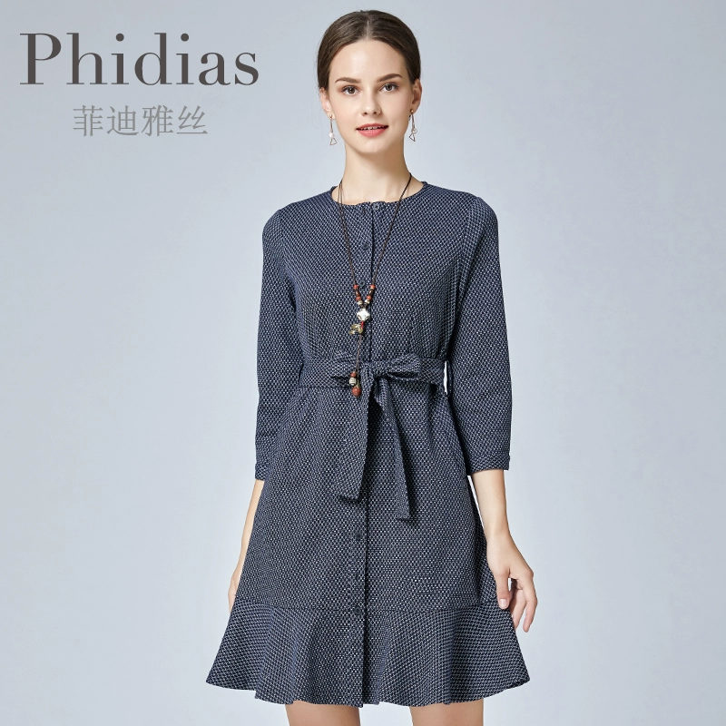 Phidias mùa thu và mùa đông mới của phụ nữ châu Âu và Mỹ đi làm váy ren ngực tròn cổ tròn theo xu hướng - váy đầm
