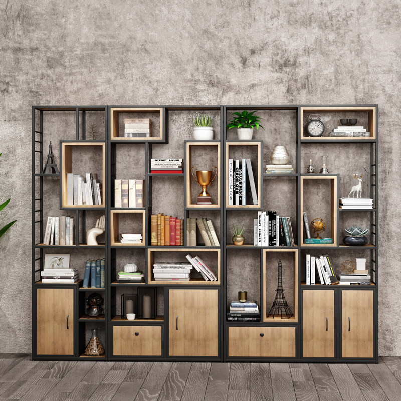 Iron art solid wood shelf floor partition bookshelf flower rack office porch partition storage cabinet display rack bookcase