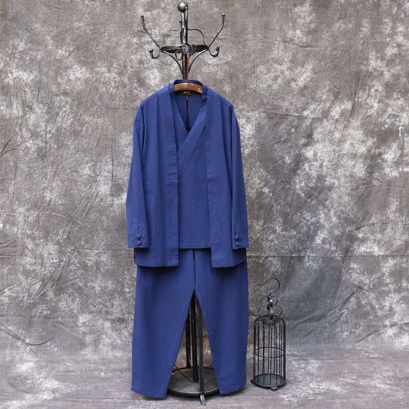 Chinese style Zen costume tea dress layman suit Chinese Tang costume modified Hanfu retro kimono Taoist costume Buddhist men's wear