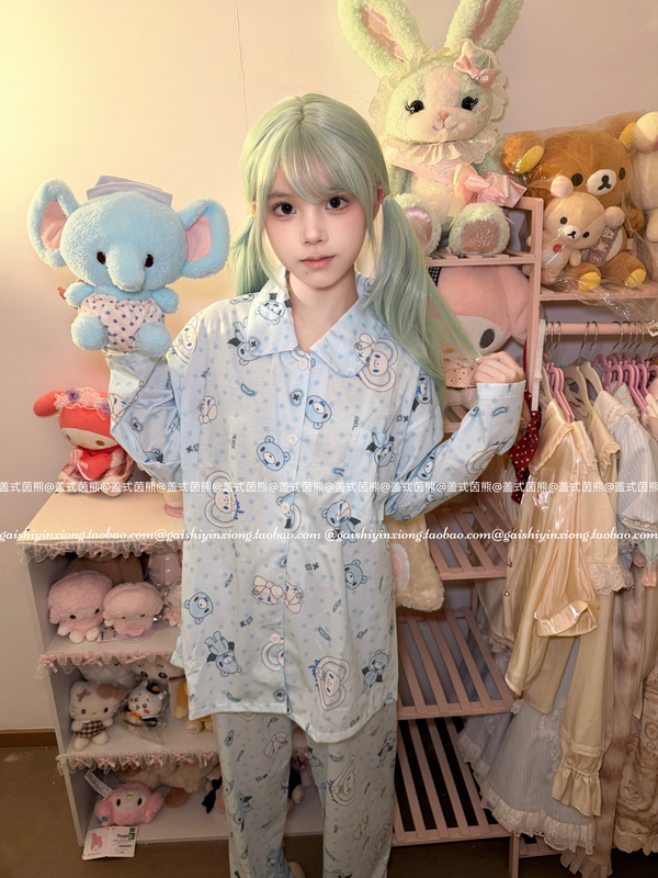 Bear-Themed Cartoon Long-Sleeve Cotton Pajamas for Autumn, Suitable for Both Indoor and Outdoor Wear, Aqua Color Set Bear-Themed Cartoon Long-Sleeve Cotton Pajamas for Autumn, Suitable for Both Indoor and Outdoor Wear, Aqua Color Set