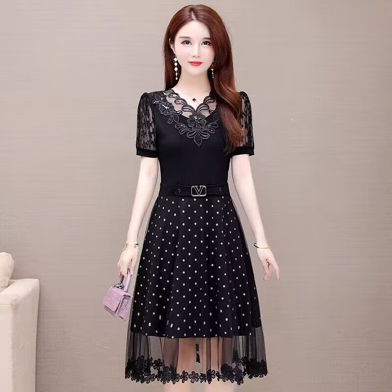 Summer V-Neck Short-Sleeved Black Mesh Dress 2026 New Large Size Elegant Waist Slimming Mid-Length Skirt