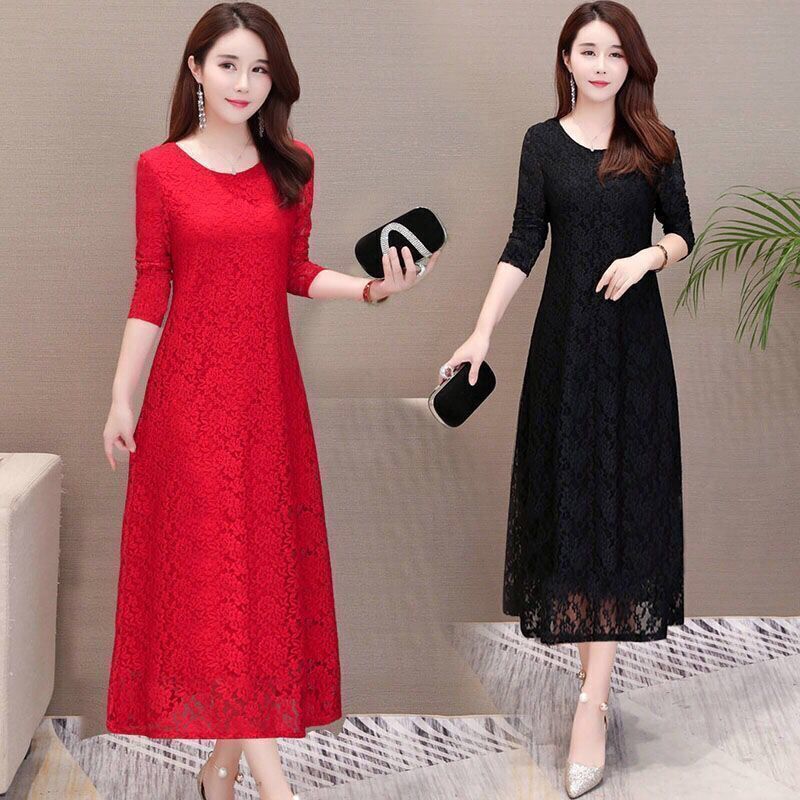 Black Lace Dress Women's Clothing 2026 Spring and Summer Korean Style Long-Sleeved Tummy-Covering Plus Size Long Base Dress