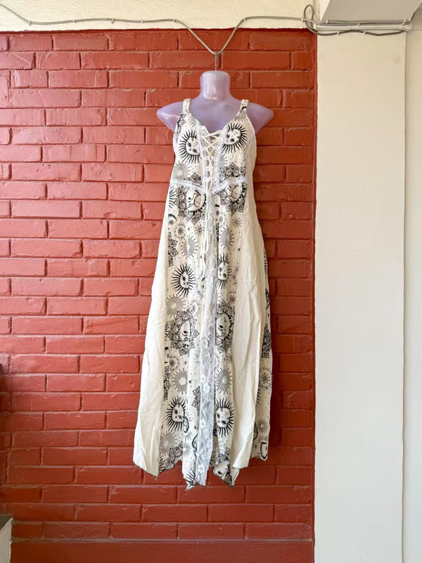 Nepalese Hippie Style Pure Cotton Sunflower Totem Irregular Hem Patchwork Suspender Dress, One Size Fits All