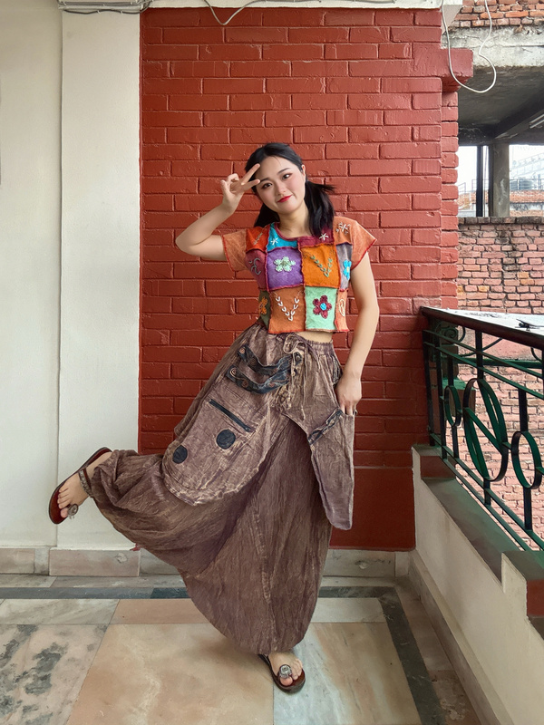 Nepalese Hippie Bohemian Style Unisex Pure Cotton Plant-Dyed Drop-Crotch Pants and Skirt Set, One Size Fits All