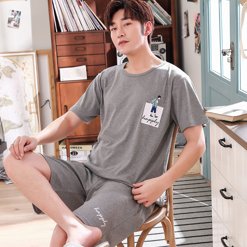 Summer phim hoạt hình dễ thương đồ ngủ mens bông tay áo ngắn cộng với mã XXXXL bộ quần áo đồ ngủ trẻ nhà