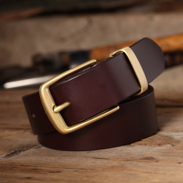 Muzi handmade custom pin buckle belt men's belt business casual retro belt head layer cowhide solid copper buckle