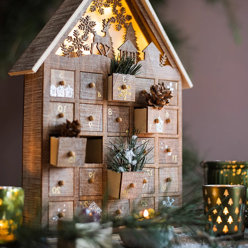 Christmas Decoration Calendar Gift Box Countdown Glowing Wooden Cabin Desktop Ornament Home Creative Small Wooden House