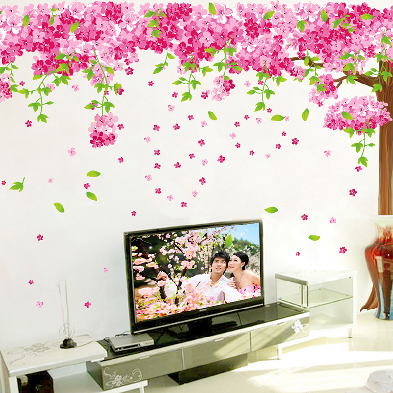 Large Living Room TV Background Wall Decoration Wall Stickers Bedroom Romantic Cozy Creative Wall Stickup Cherry Blossom Trees