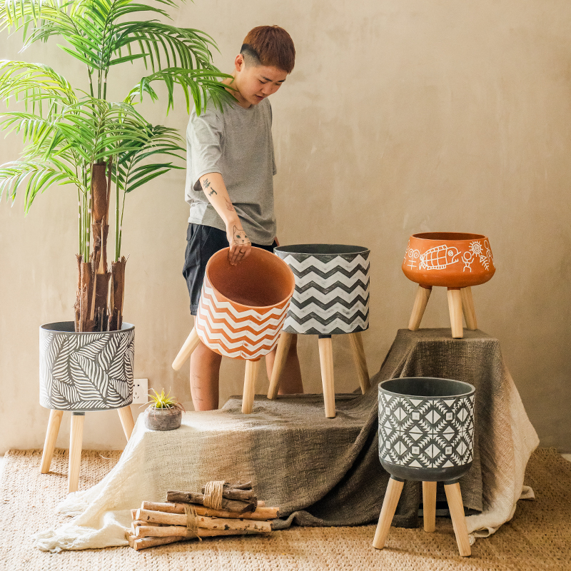 (Seven Jasmine) Creative Geometric Textured Resin Flower Pots Floor Type Nordic Wind Plant Floral Home Balcony Decoration