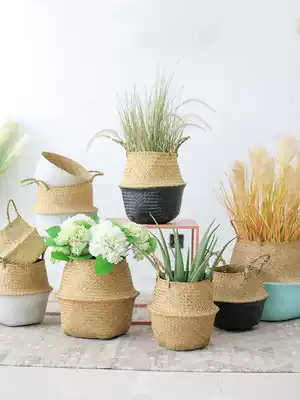 Seven MOS seaweed woven flower basket flower pot handmade rattan blue double ear folding storage storage Nordic decoration