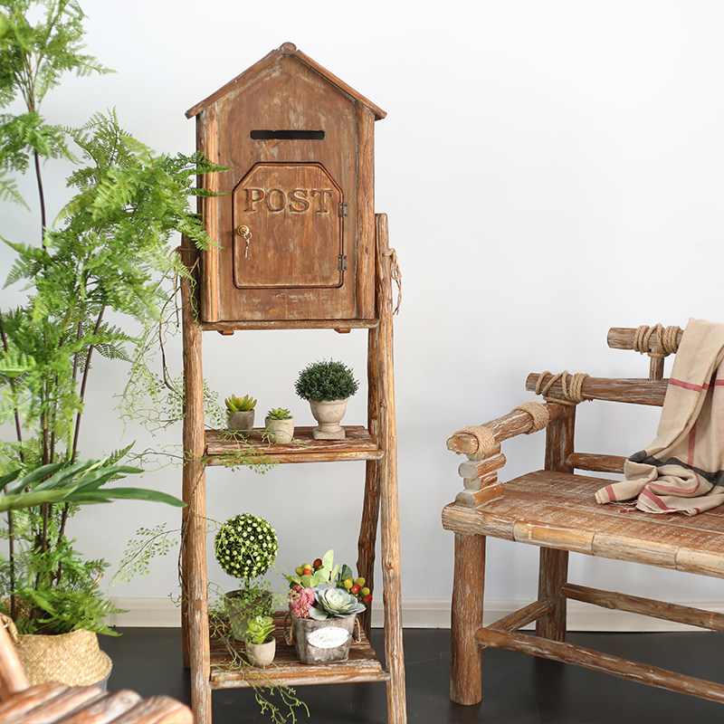 Seven Mo multi-purpose old wooden flower rack Courtyard garden decoration creative retro mailbox display rack Opinion mailbox