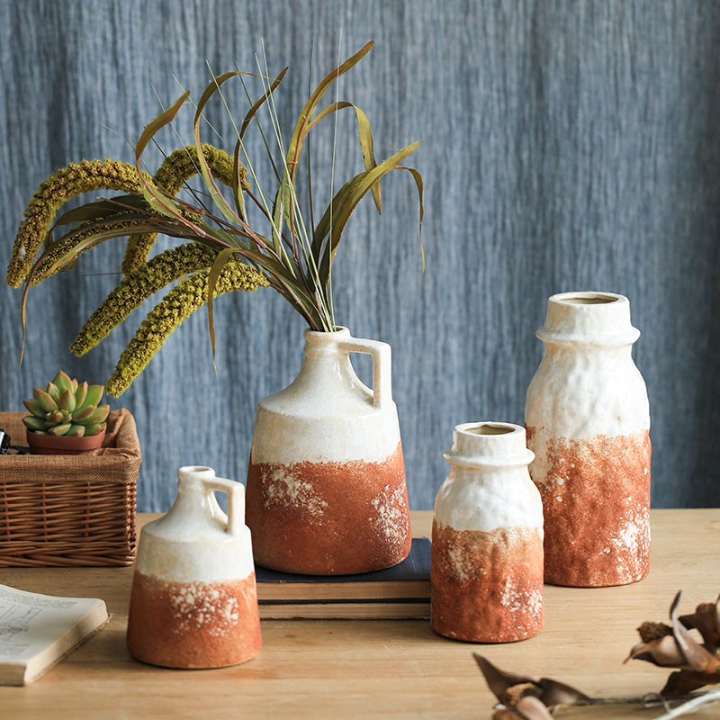 (Seven Jasmine) Retro Red Pottery Color Ceramic Vases American Countryside Ice Cracks Art Decor Table Flower Floral-Taobao