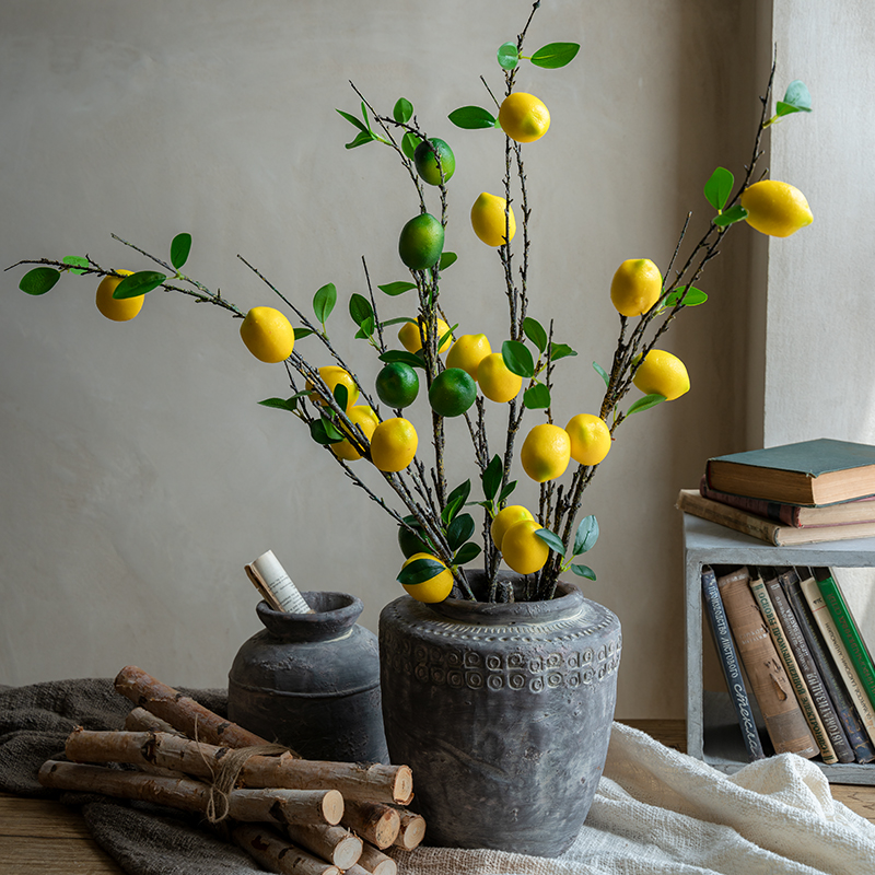 (Seven Jasmine) Emulated Lemon Fruit Fake Flower Inserts Flower Art Yellow Green Lemon long branches Leaf Room-like Dining Room Swing Piece-Taobao
