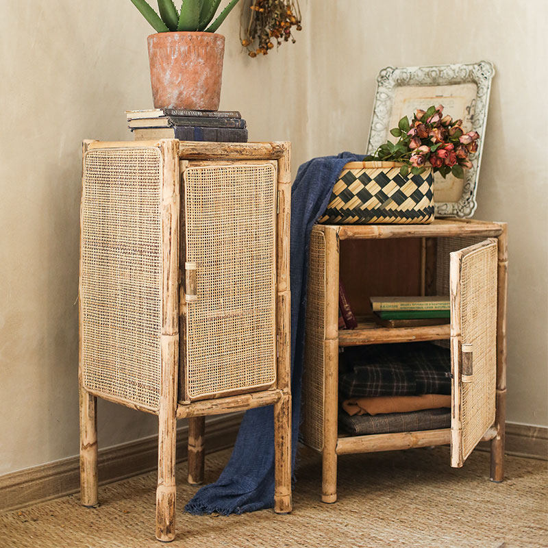 Indonesian rattan wardrobe solid wood bedside table simple retro high-end multi-functional Japanese-style drawer storage side cabinet