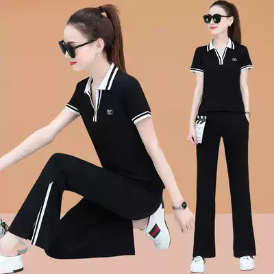 Cotton sports casual suit women's summer fashion lapel short sleeve foreign style loose fashion split summer two-piece set