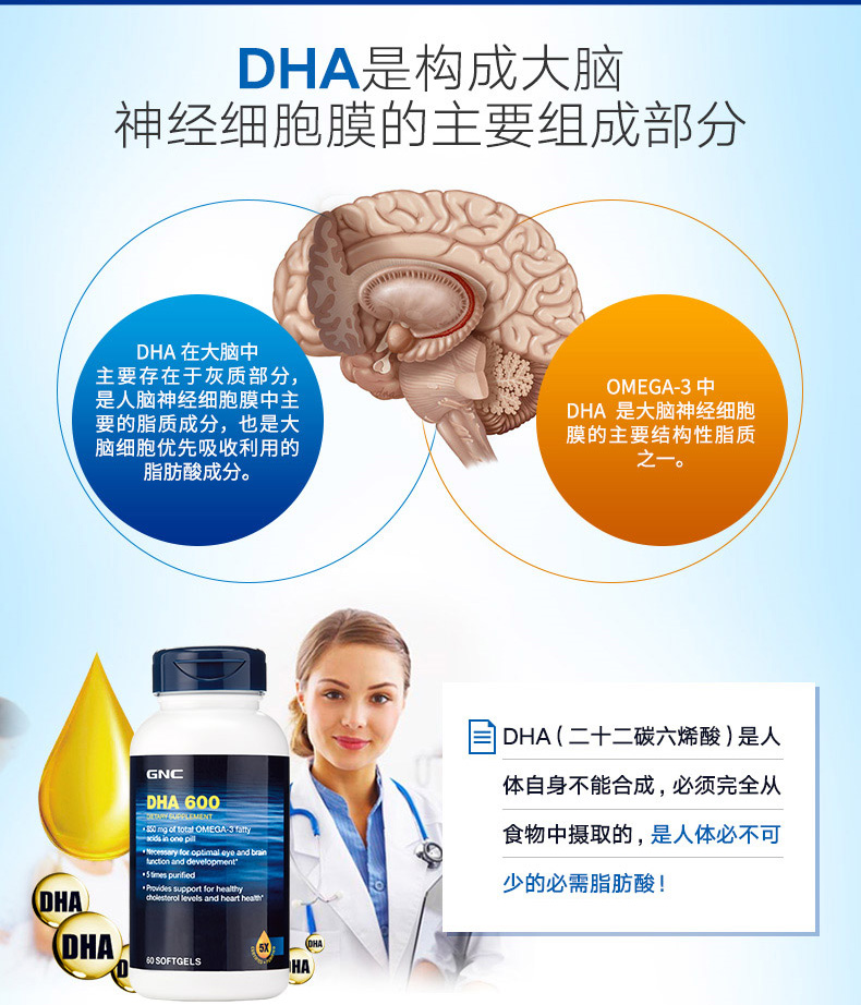 GNC健安喜深海鱼油DHA软胶囊 600mg