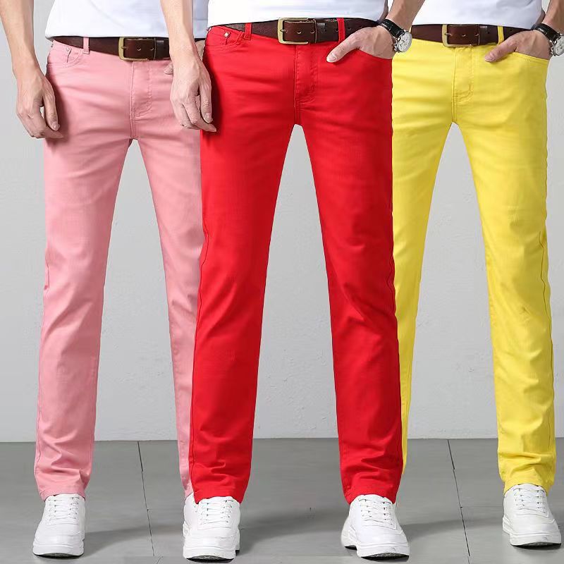 Spring and Autumn Pink Jeans for Men, Stretchy Slim-Fit Straight Pants, Stylish Yellow Embroidered Men's Jeans, Long Pants