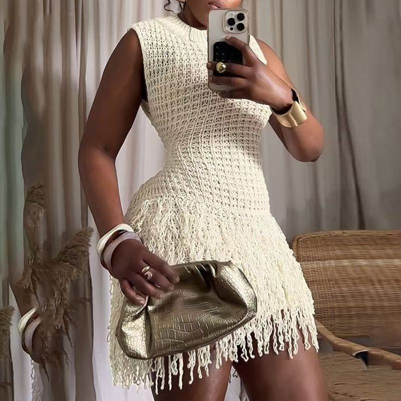 European and American Style Simple Design Sleeveless Knitted Dress for Women, Summer Frayed Edge Slim Fit Pure Desire Hot Girl Short Skirt European and American Style Simple Design Sleeveless Knitted Dress for Women, Summer Frayed Edge Slim Fit Pure Desire Hot Girl Short Skirt