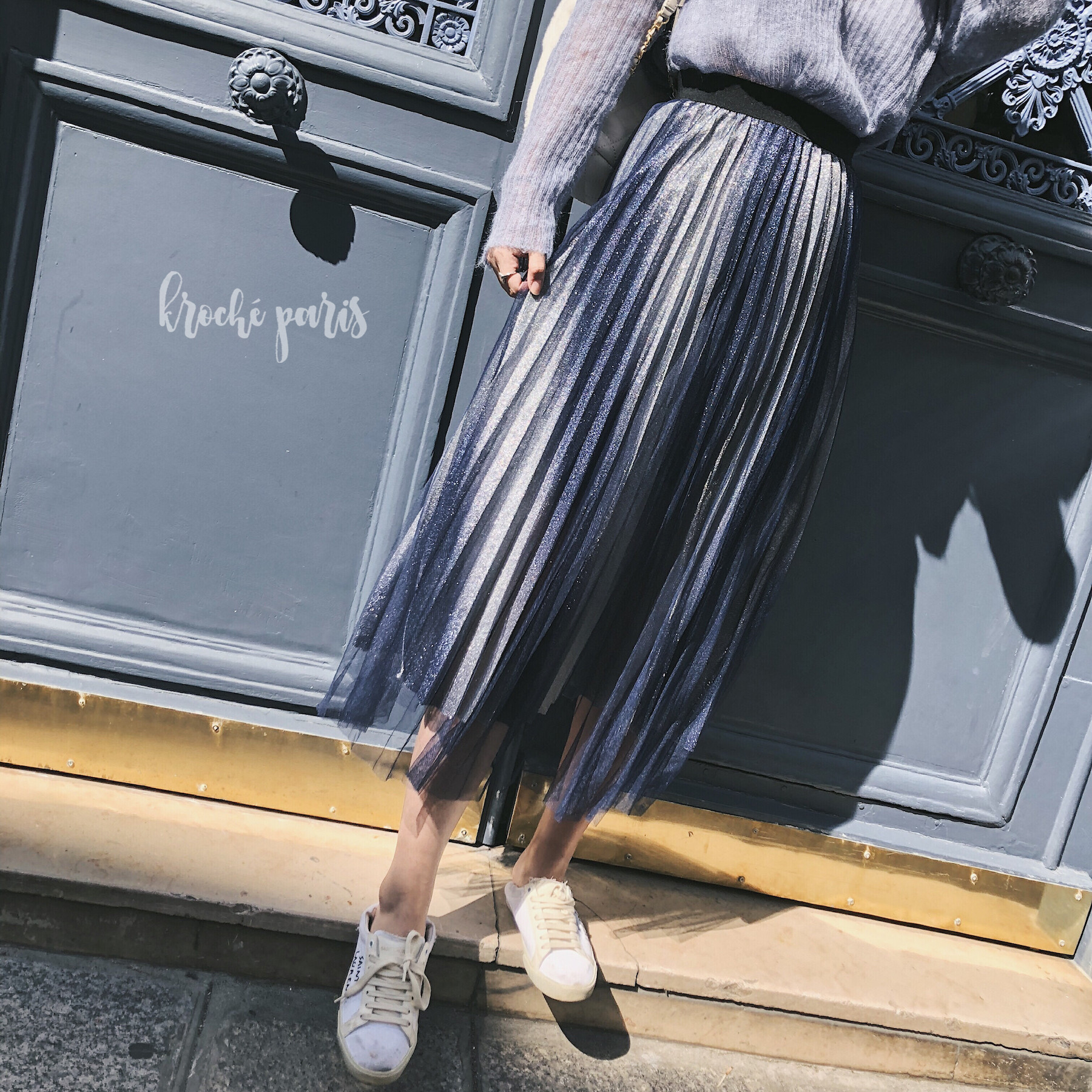 LaPetite18 mùa thu và mùa đông mới kroche đôi lưới gradient gradient bầu trời váy xếp li nhiều màu chân váy jean ngắn