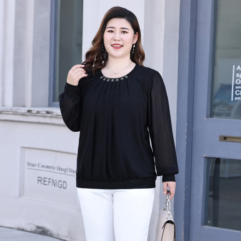 Fat Mom Big Size Dress Shirt Early Spring Loaded With Long Sleeve Snow-spinning Jersey Woman Fat Mm Loose T-Shirt Cover 200 catty